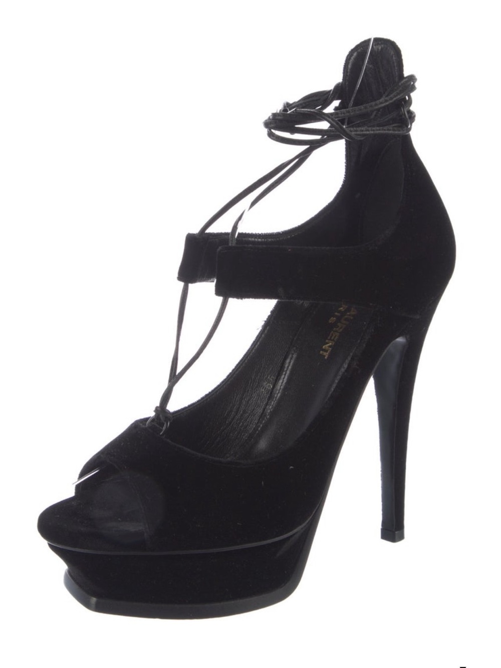 Saint Laurent Black Velvet Lace-Up Platform Pump with Ankle Tie